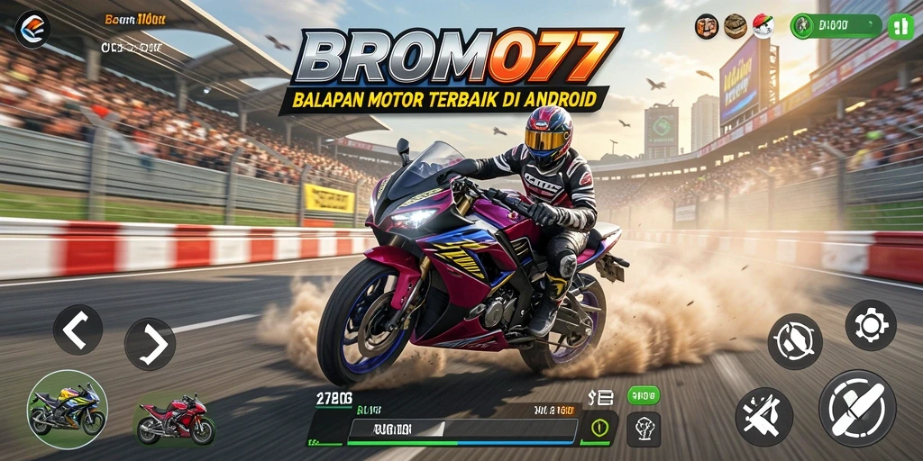 Tampilkan gameplay BROMO77 dengan balapan motor yang mendebarkan.