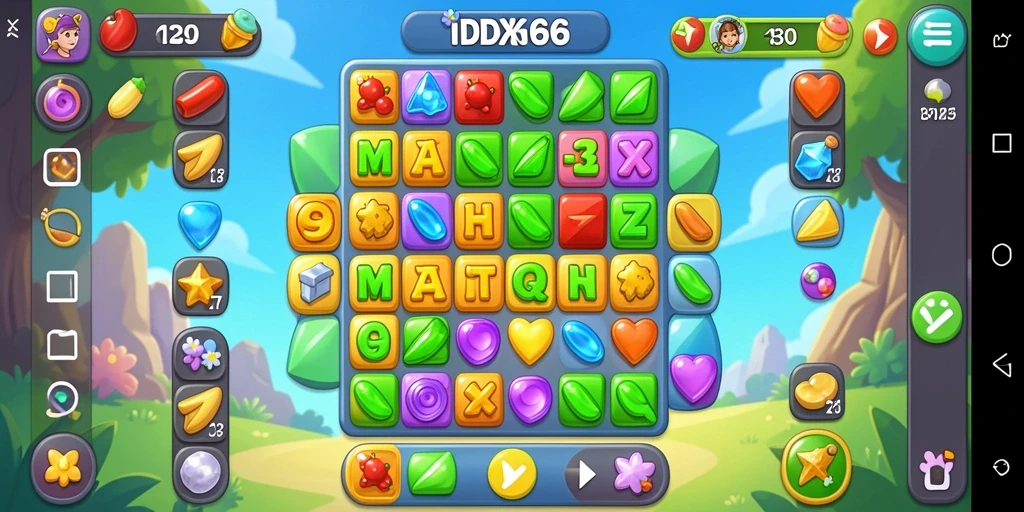 Tangkapan layar gameplay <strong>IDX66</strong> menampilkan keseruan mencocokkan permata berwarna.