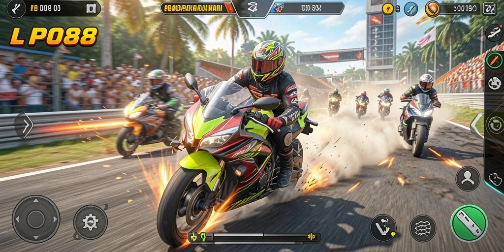 Screenshot gameplay LPO88 dengan balapan motor yang mendebarkan.