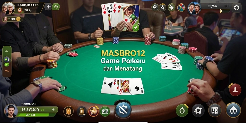 Screenshot gameplay MASBRO12 menampilkan suasana poker yang intens dan mendebarkan.