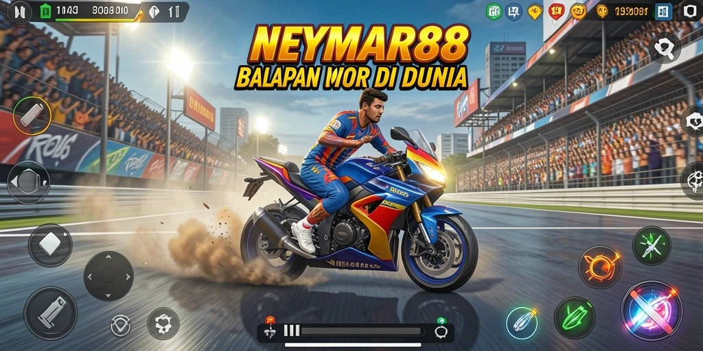 Gameplay seru NEYMAR88 dengan motor balap yang cepat.