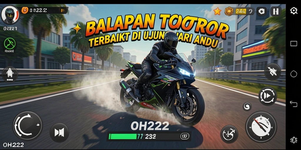 Tampilan gameplay OH222 dengan motor balap di trek.