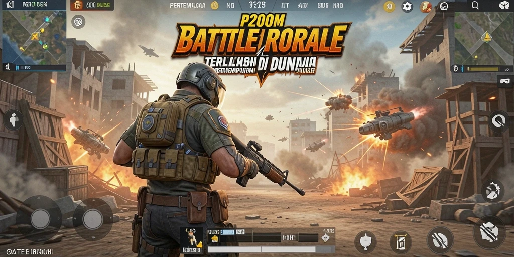 Tangkapan layar utama P200M menunjukkan intensitas pertempuran Battle Royale yang mendebarkan.