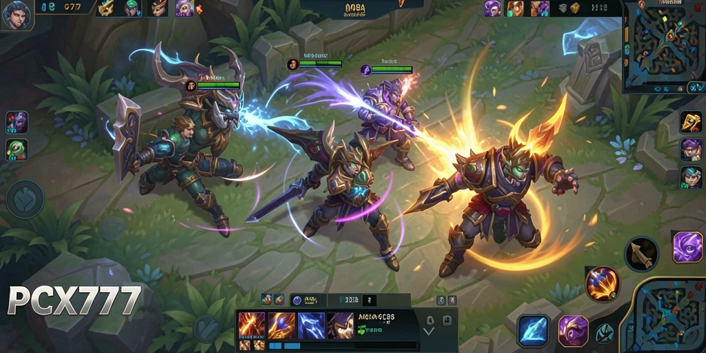 Screenshot utama gameplay MOBA yang menampilkan pertempuran epik.