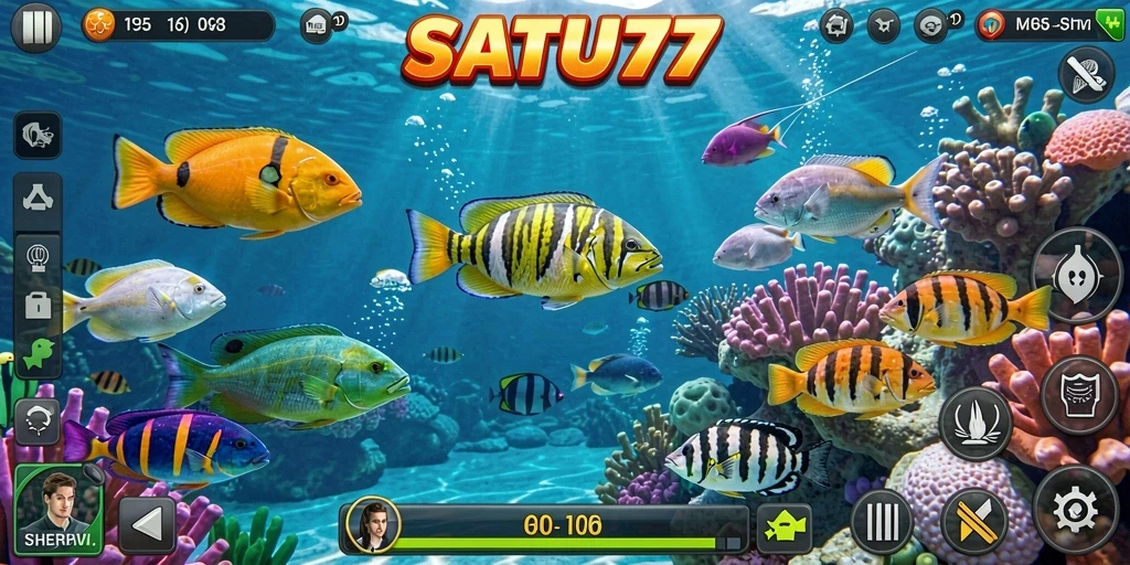 Gameplay SATU77 menampilkan orang-orang menembak ikan dengan penuh semangat.